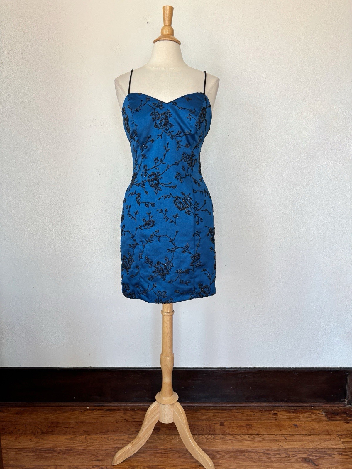 Vintage Sapphire Blue Floral Beaded Spaghetti Strap Cocktail Dress Sz 9/10