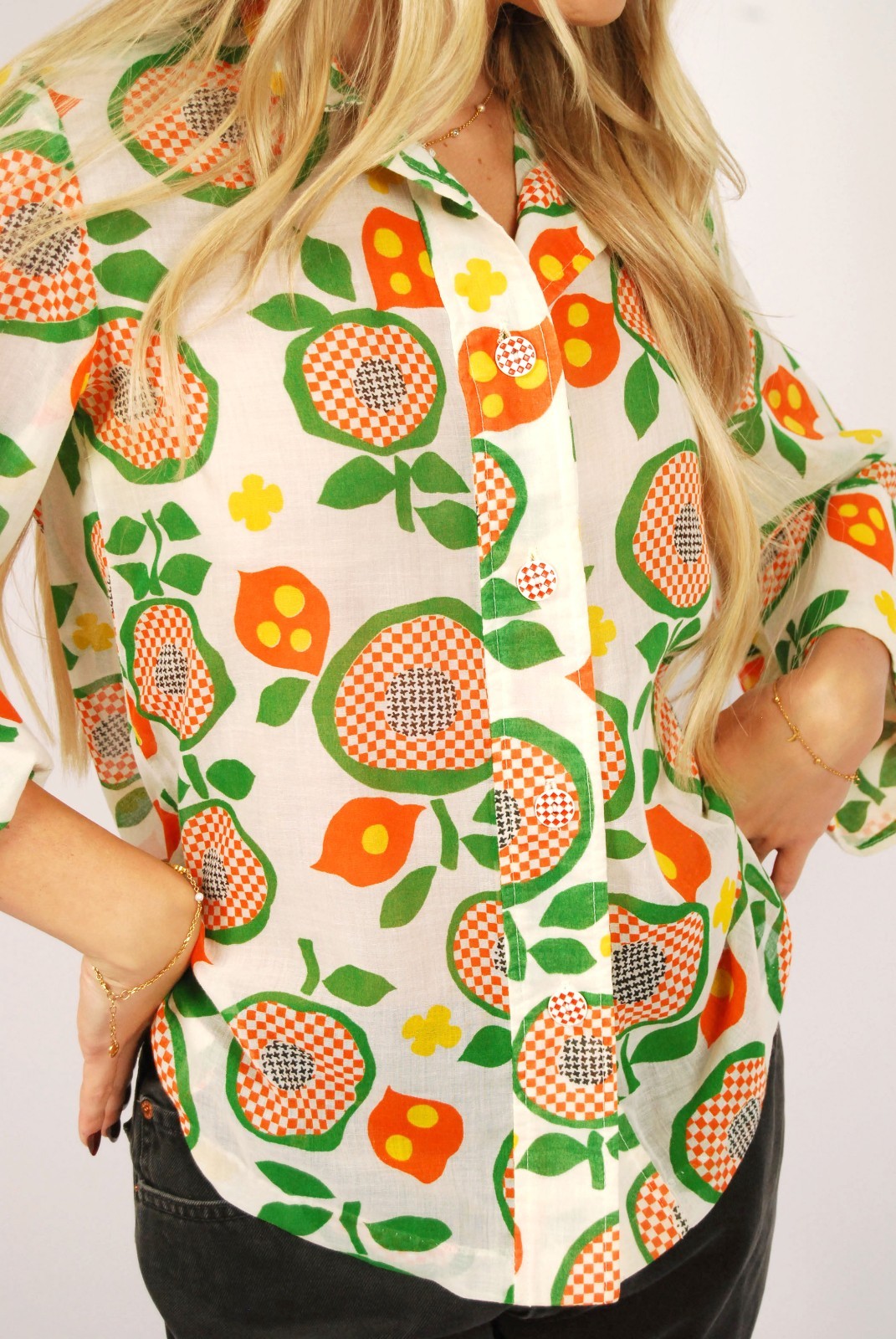 70s Fruit Print Blouse (M) David Smith medium green orange vintage womens top