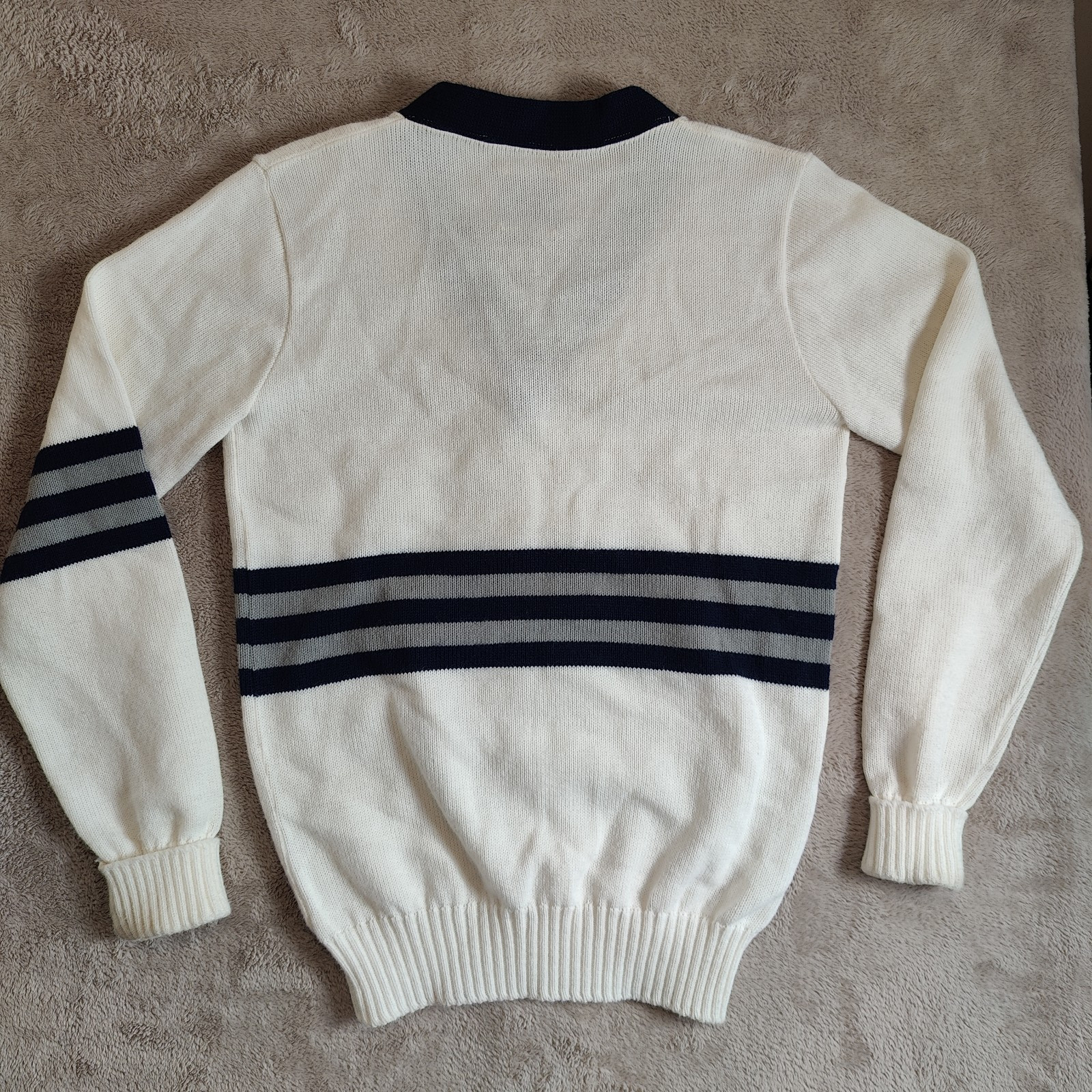 Vintage 70s 80s Cheerleading V-Neck Sweater White Navy and Gray Stripe – Size M