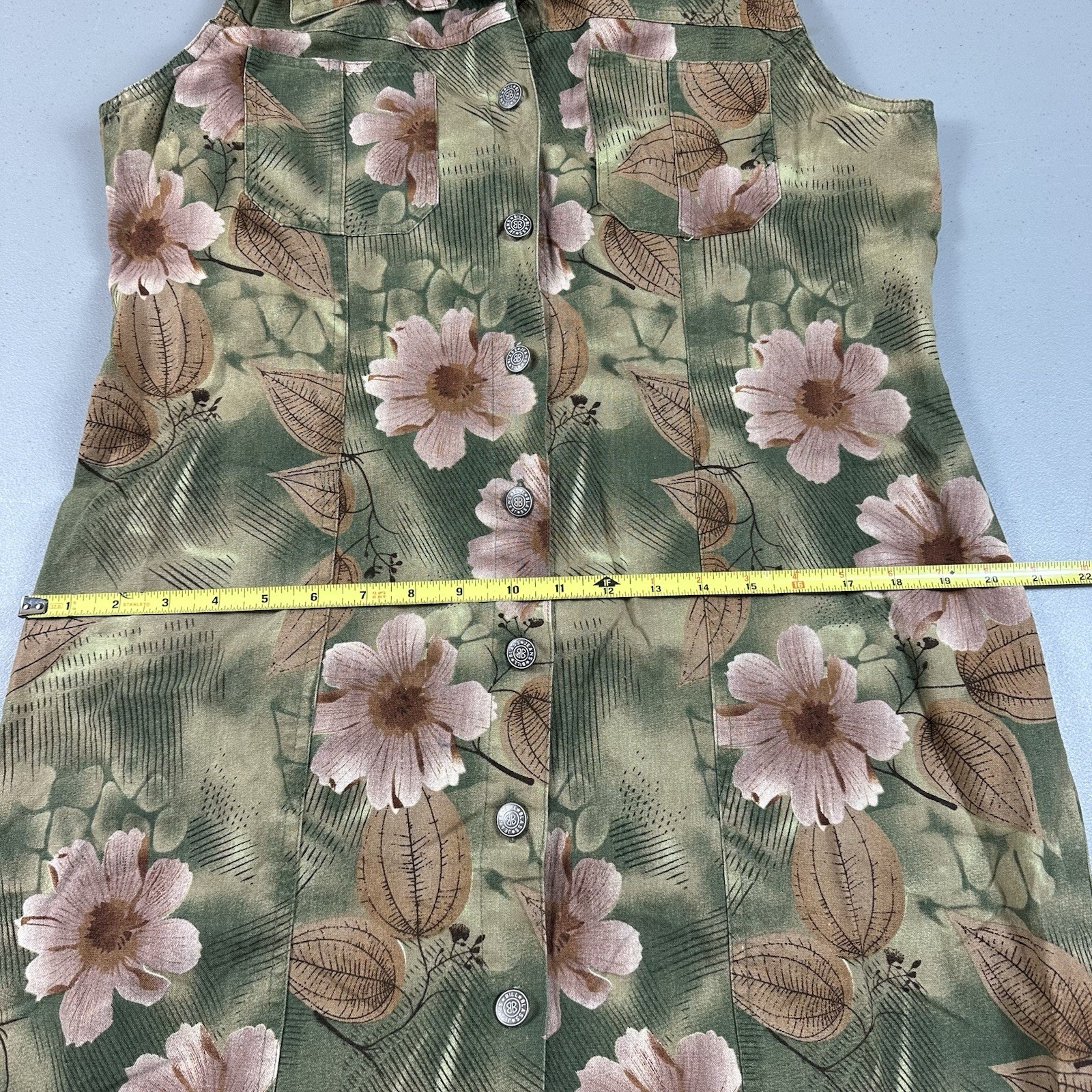 Vintage 90s Bill Blass Dress M/L Flower Midi Maxi Button Front Linen