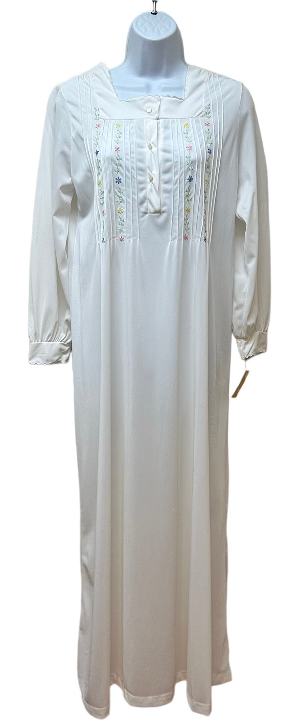 Vintage Silky Nylon Nightgown Housedress Button Front M Hand Embroidered NEW NOS