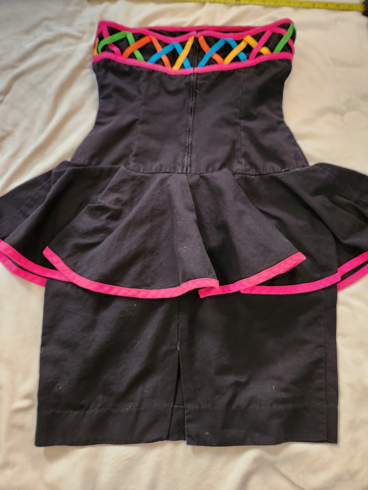 Vintage 1980s Peplum Dress Rave Neon Rainbow 80s Birthday Wedding Rio Carnival