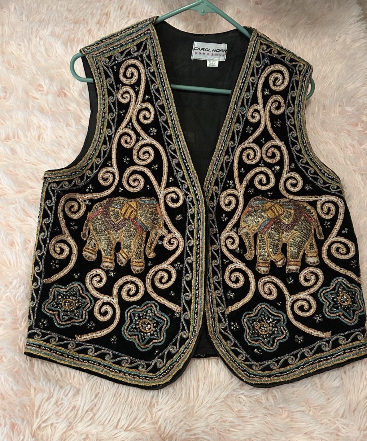 Vintage Carol Horn Workshop 3D Elephant Vest Bead Sequin Boho M/L Hand Sewn