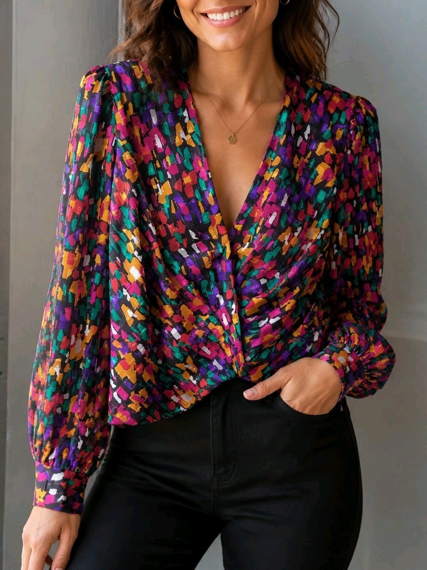 Vintage Ann Hobbs for Cattiva Blouse Size 12 Abstract Rainbow Print Metallic