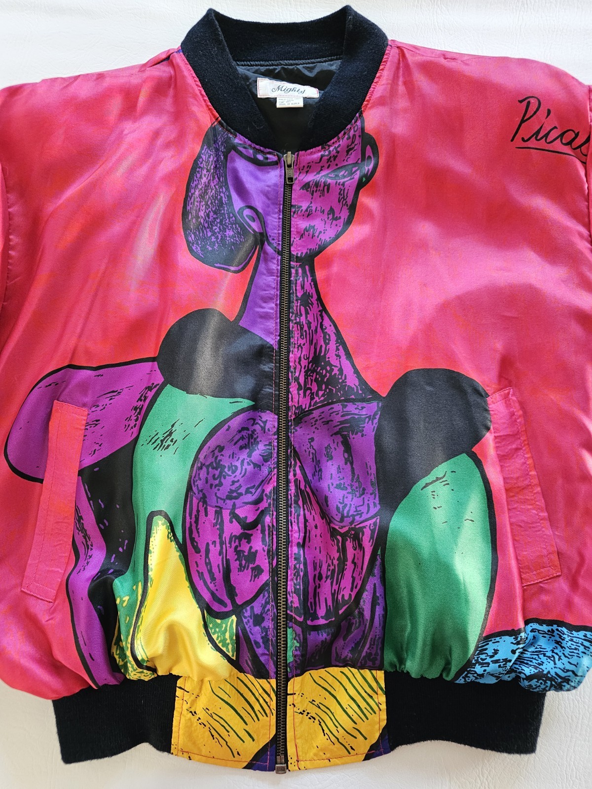 Vtg SHINY SATIN PICASSO ART BOMBER JACKET Sex Education POP ART GRAPHIC SZ L