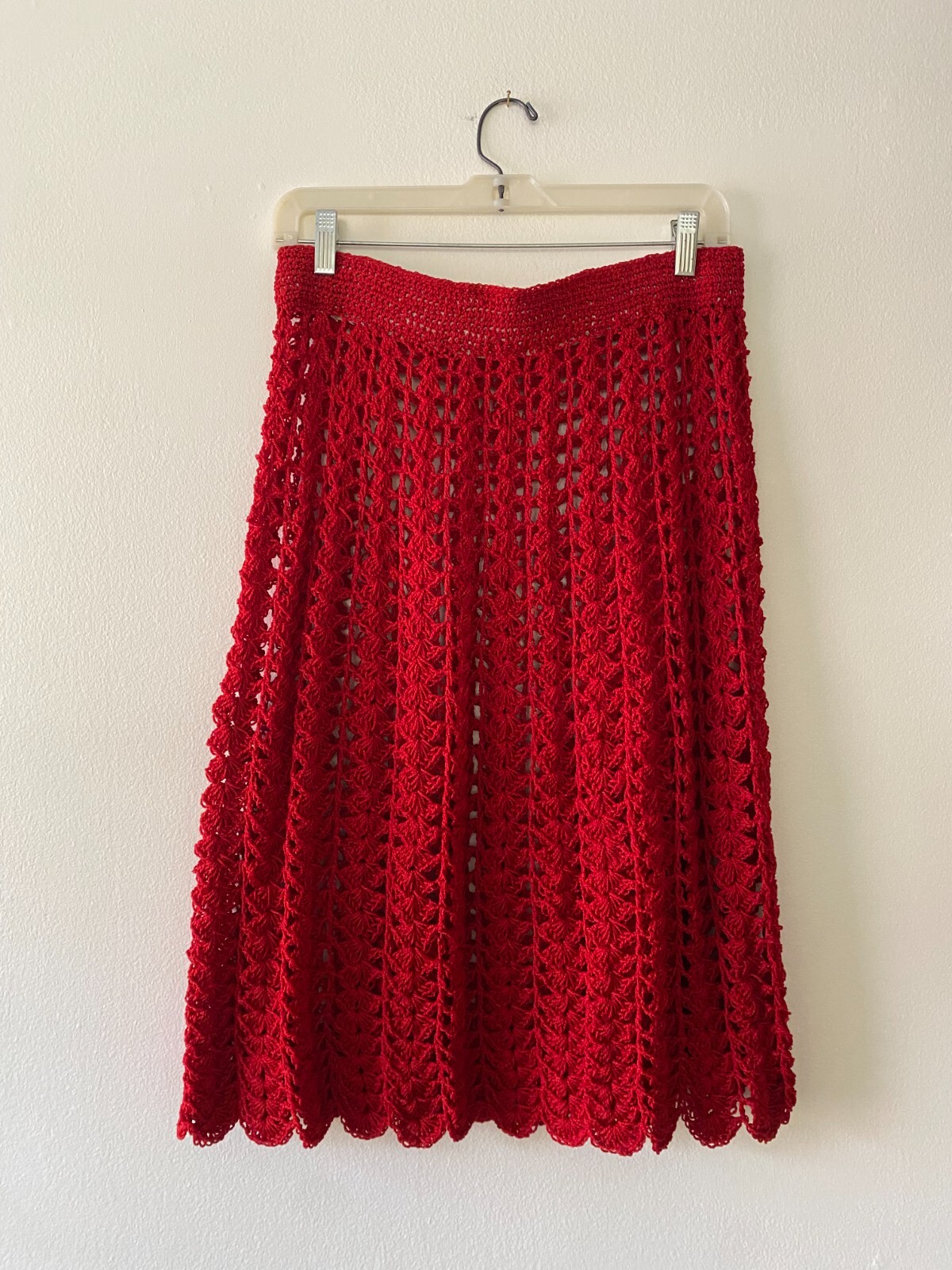 Vintage 1970s Red Crochet Handmade Midi Skirt Boho Retro Chic S/M