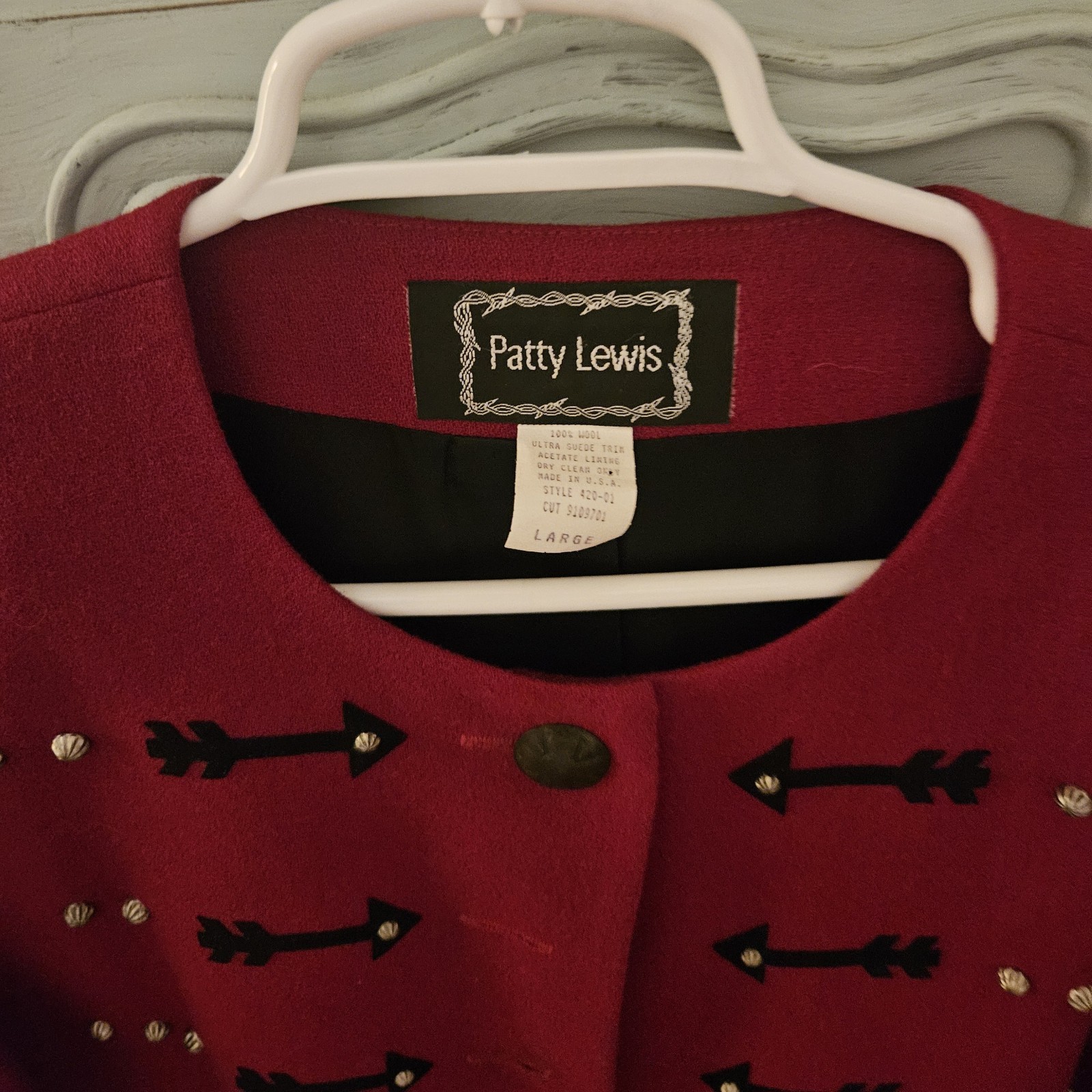 Patty Lewis VTG Wool Jacket W/ Suede Trim & Brass Buttons Sz Lrg Dark RED