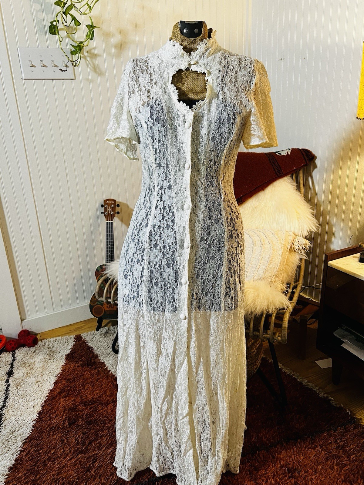VTG Dawn Joy Fashions Lace Button Down Lace Dress Cottage Core SZ 10-12