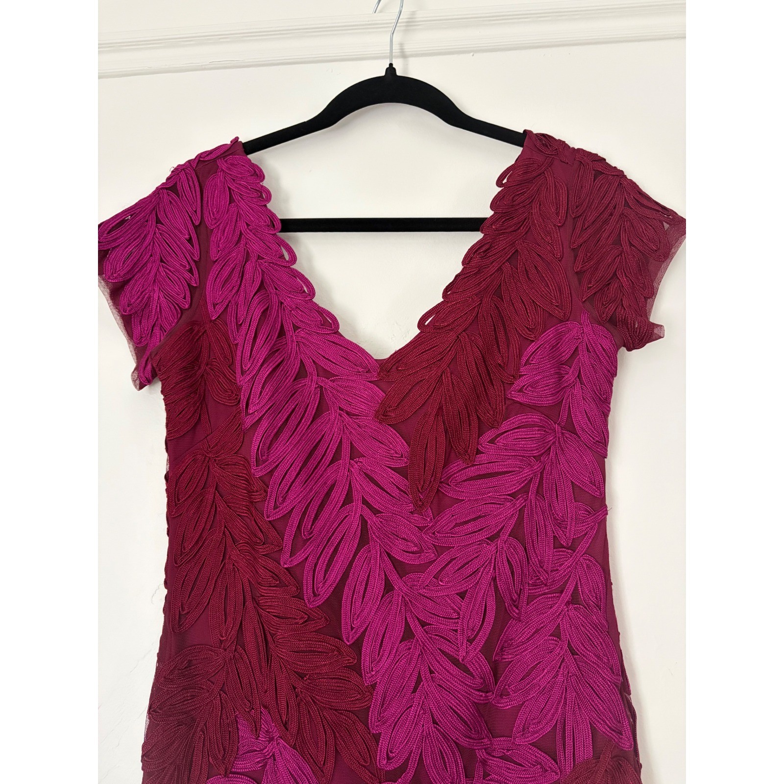 JS Collection Hot Pink Plum Soutache V-neck Midi Dress Leaf Embroidery size 4