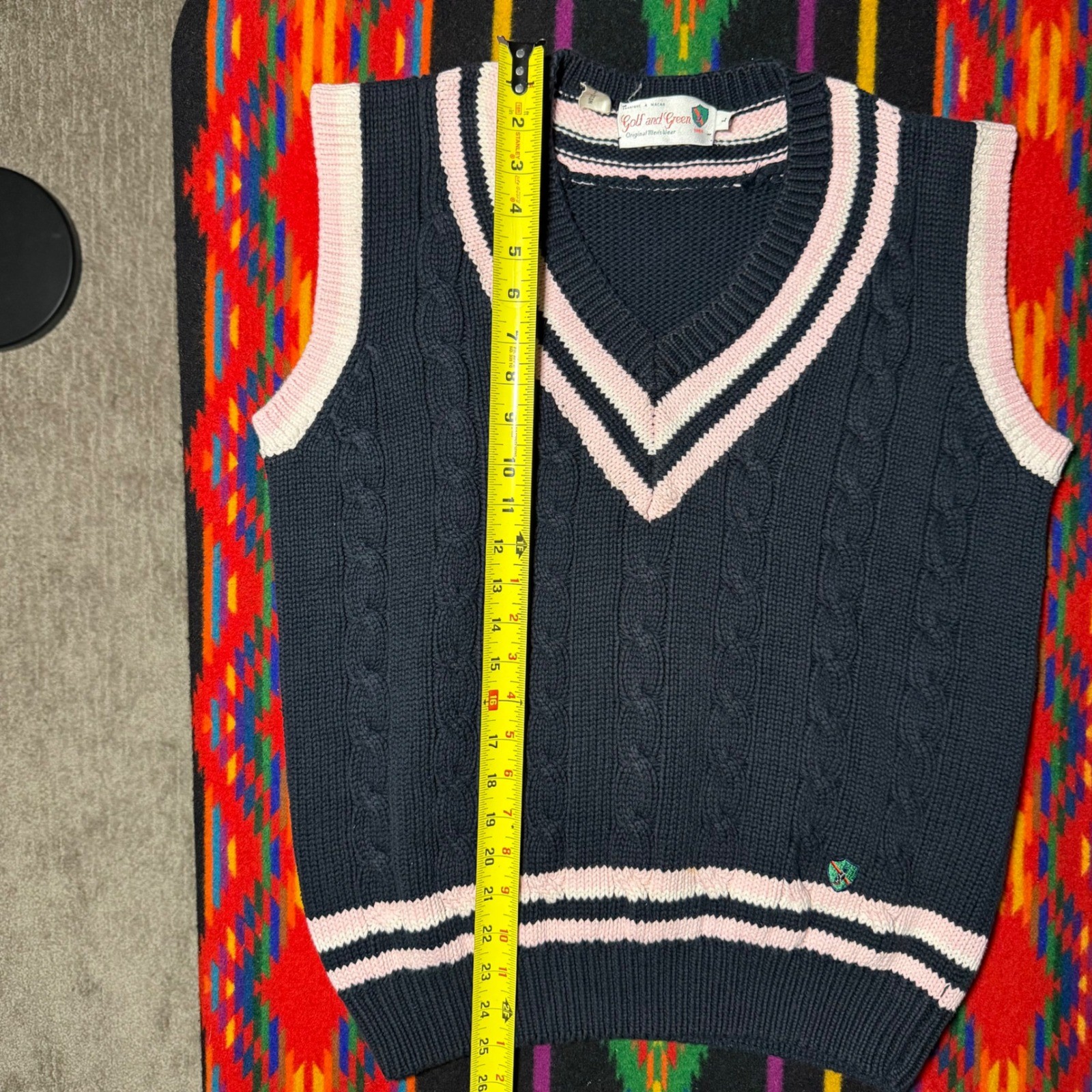 Vintage 80s Golf and Green Paris Sweater Vest Black Pink Cotton Cable Knit Large