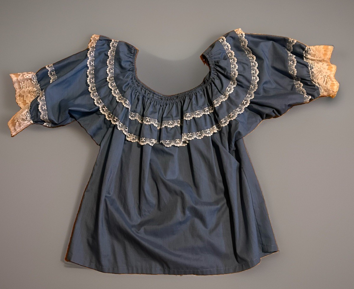 VTG 80s Carefree Fashions Scottsdale Peasant Blue Puff Sleeve Lace Cottagecore L