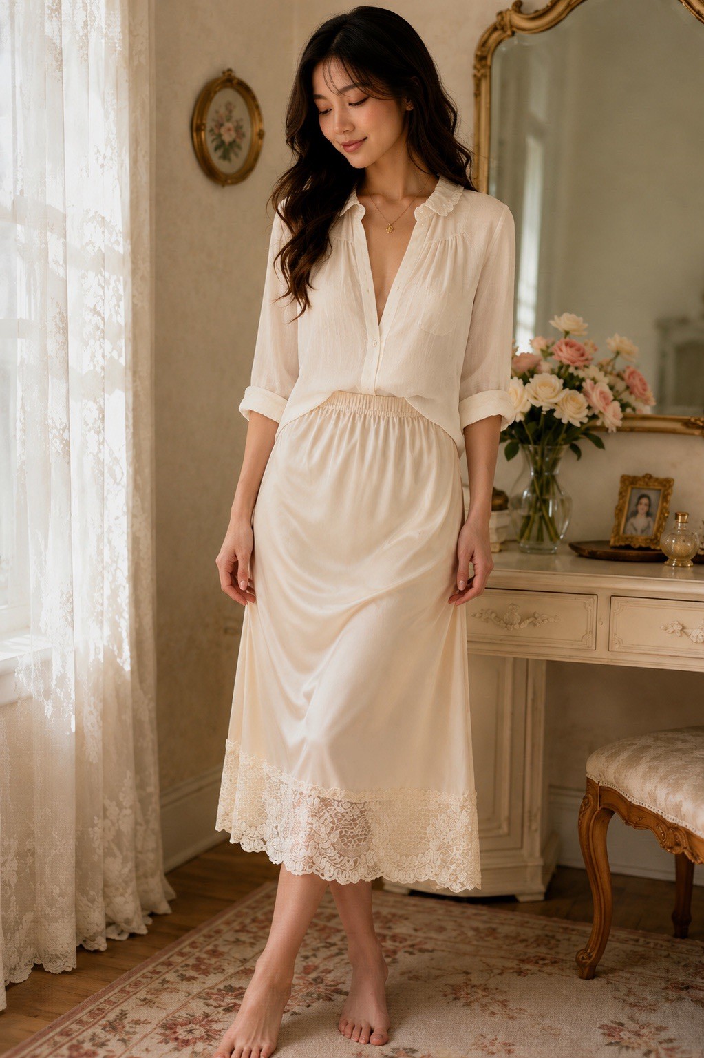 Vintage Applause Satin Half Slip Skirt Lace Hem Side Slit Ivory USA Made