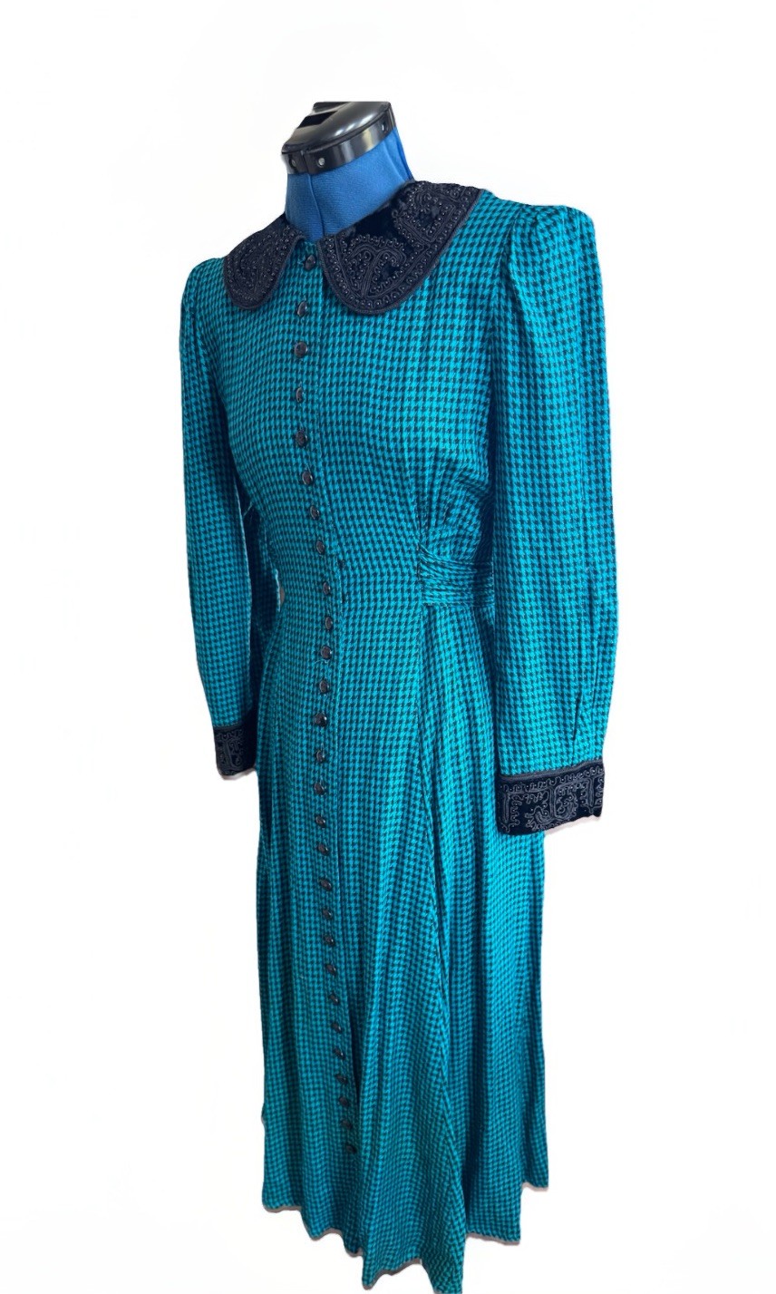 Vintage 80s Sarah Elizabeth Beaded collar Teal Gingham Goth Check Maxi Dress