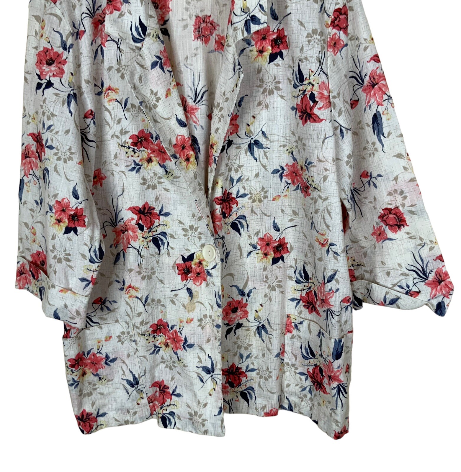Vintage Modern Essentials Wonen’s Lg Blazer White Floral 3/4 Cuffed Sleeve USA