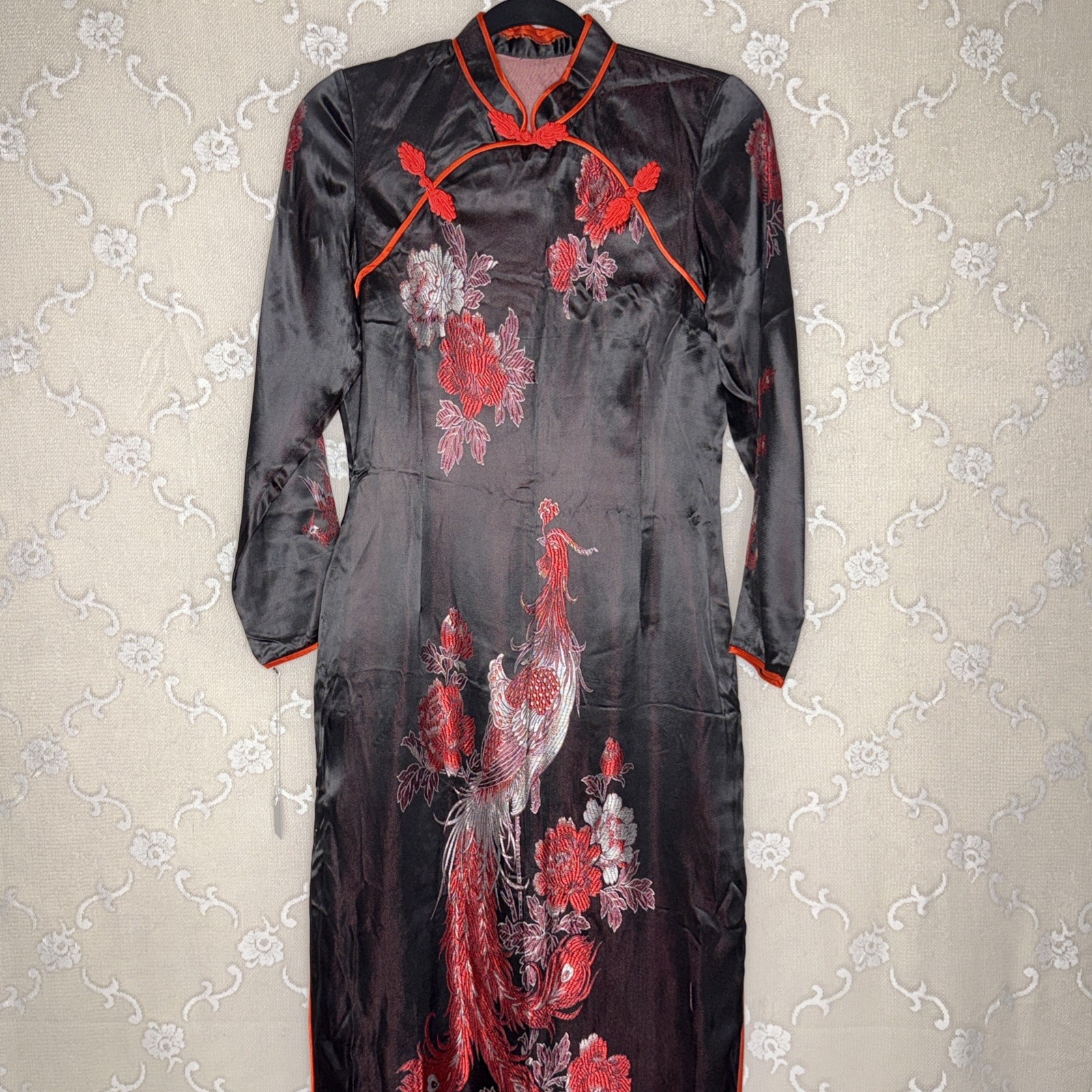 VTG Hand Made Cheongsam Long Dress Side Slits Mandarin Collar Size Medium 34 B