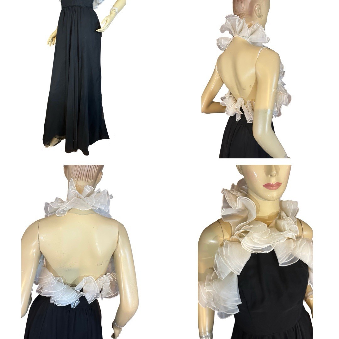 WOMEN’S VINTAGE 1980’S LILLIE RUBIN BLACK & CREAM HALTER FORMAL DRESS SZ S
