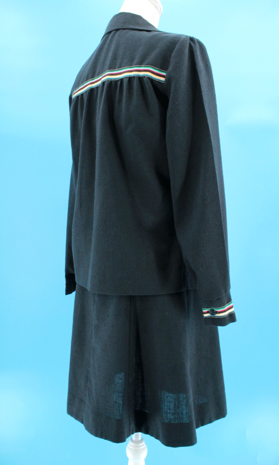 Vtg Women’s 70s 2 Pc Black W/ Rainbow Trim Dress & Top / Shirt Set XS/S 1970s