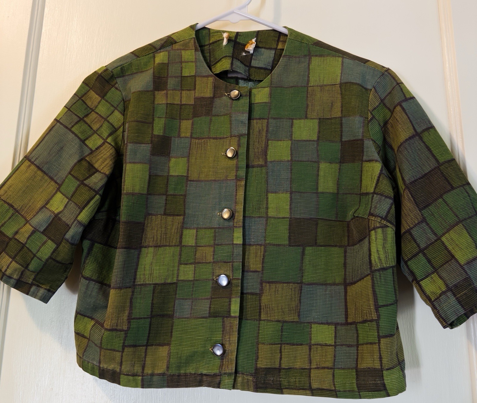 Vintage Women’s Green Mondrian Button Cropped Shirt/Jacket Mod Art To Wear 60s S