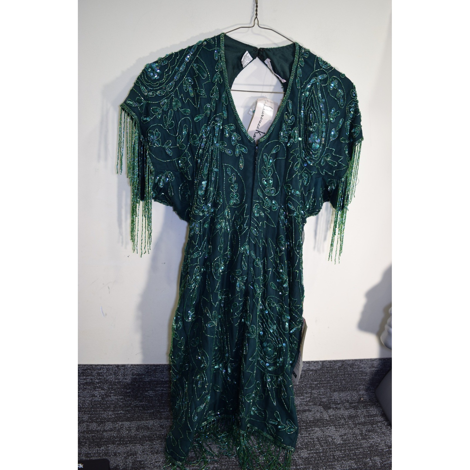 Vintage 80’s Laurence Kazar Silk Beaded 1920’s FLAPPER Dress Hunter Forest Green