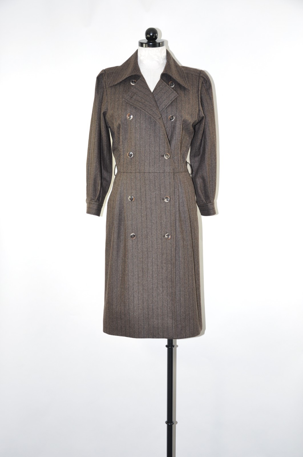 80s Vintage Saint Laurent Rive Gauche Brown Stripe Wool Tweed Coat Dress Women M