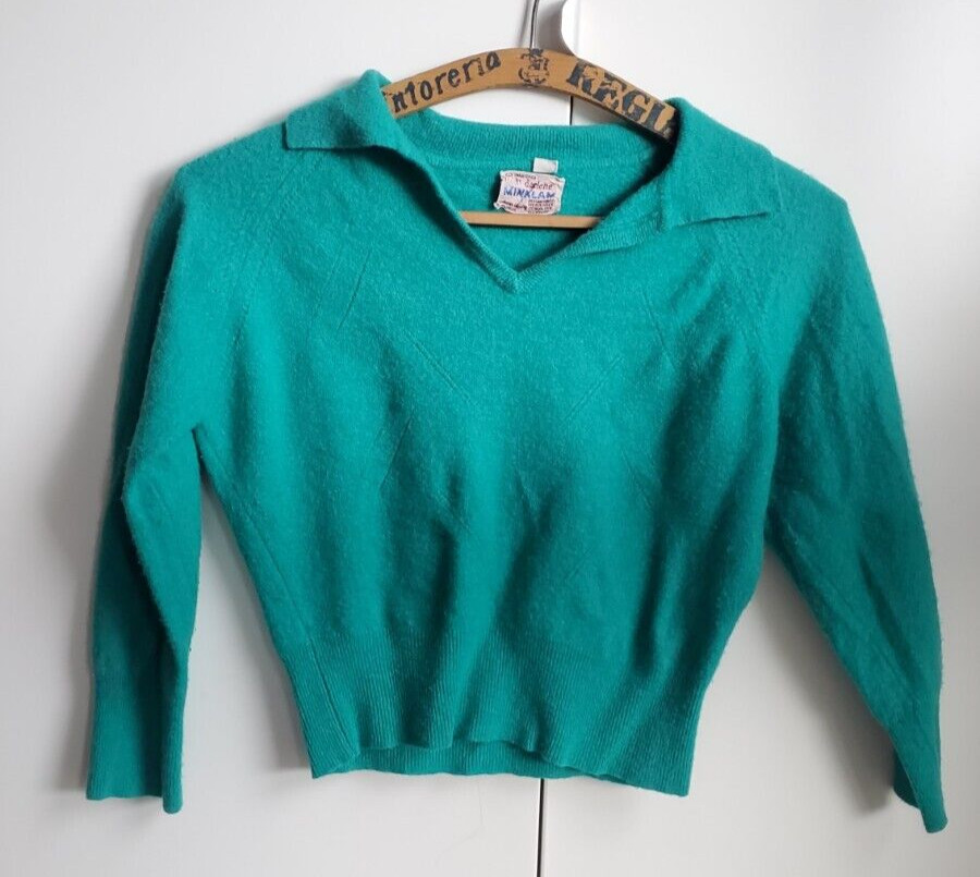 Vintage 50s 60s MinkLam Darlene Rockabilly Bombshell Sweater Teal Green S M Wool