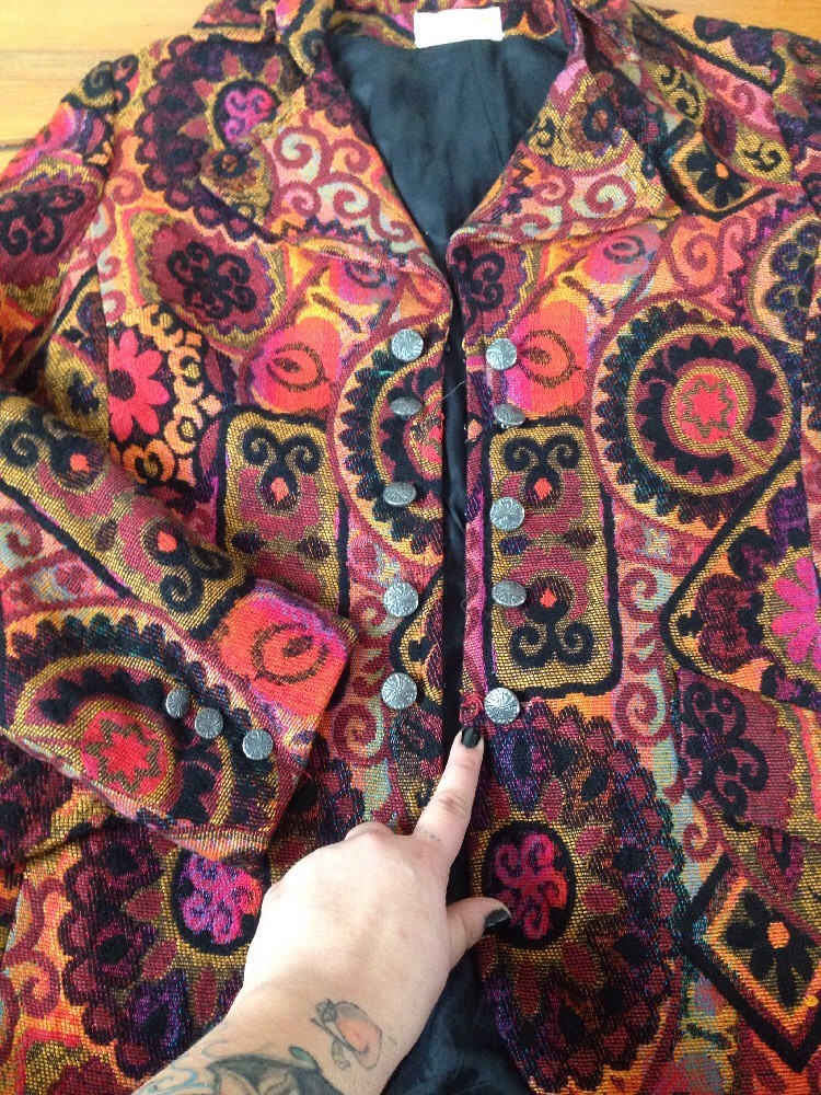 Vtg 70s Saks Fifth Ave Pewter Button Military Brocade USA Union Made Coat S-M