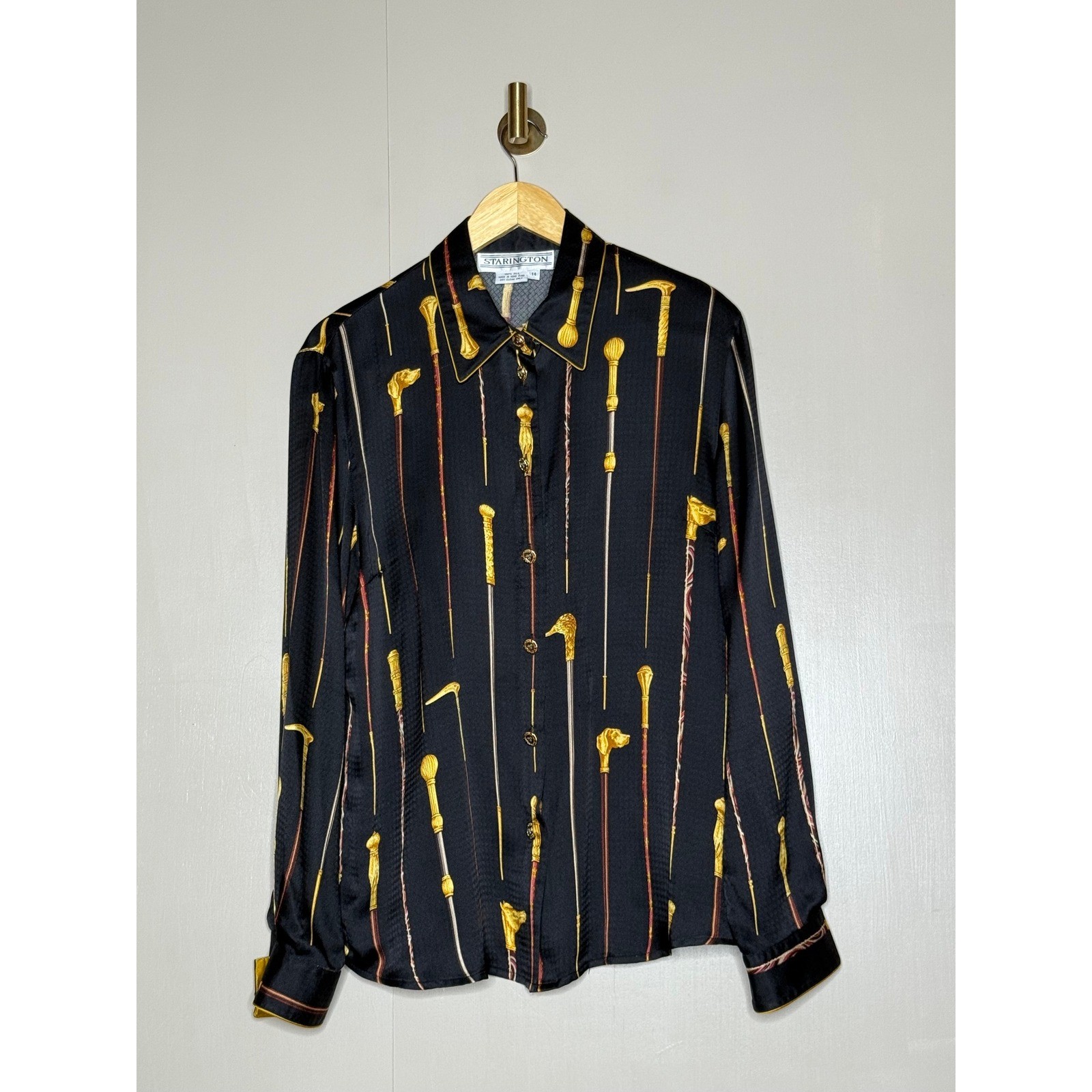 Vintage Starington 100% Silk Equestrian Cane Print Blouse Size 14