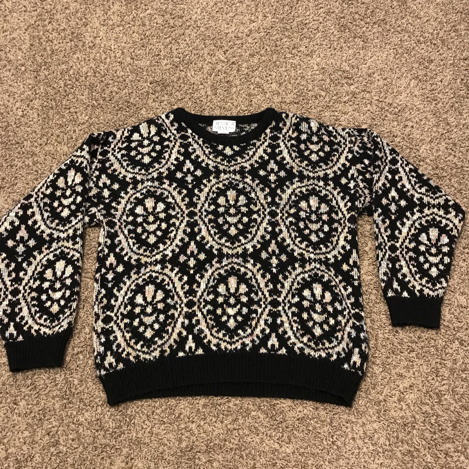 VTG. JESSICA STEVENS Glitter BLACK KNIT SWEATER SIZE L Acrylic Blend A21