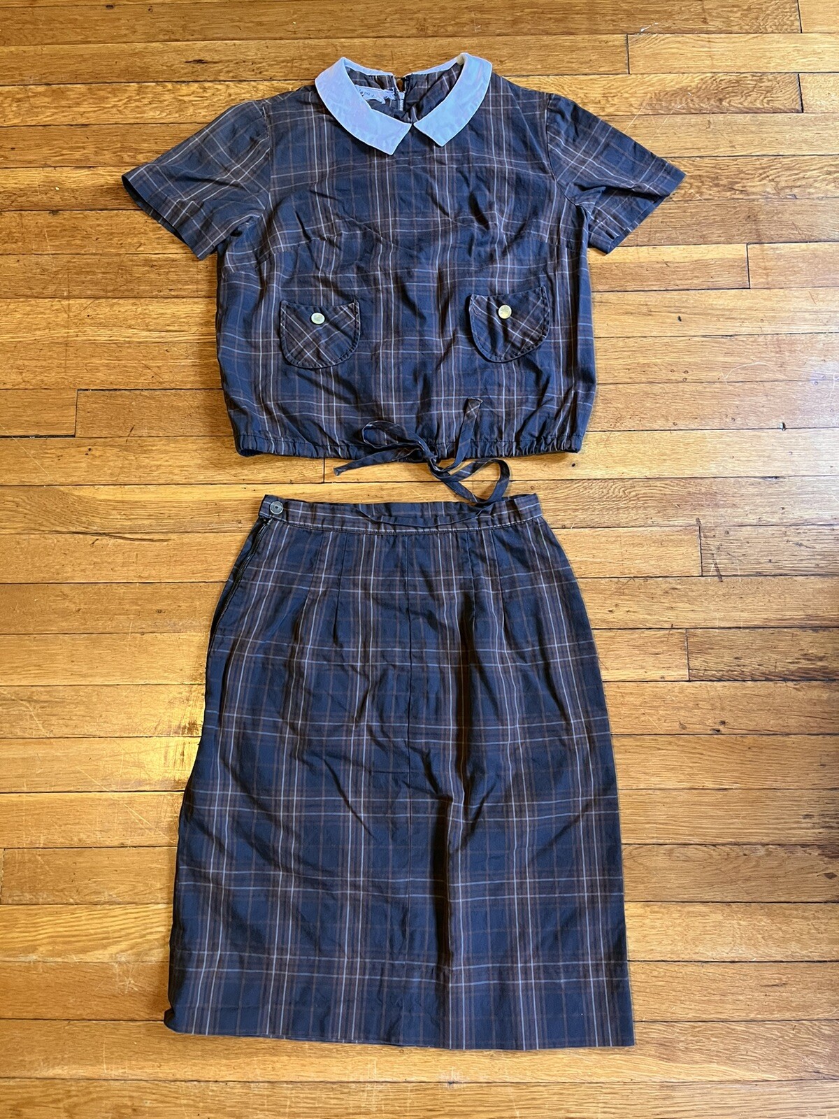 VINTAGE Helen Whiting Skirt Suit Set Brown Tartan Plaid Peter Pan Collar 60s