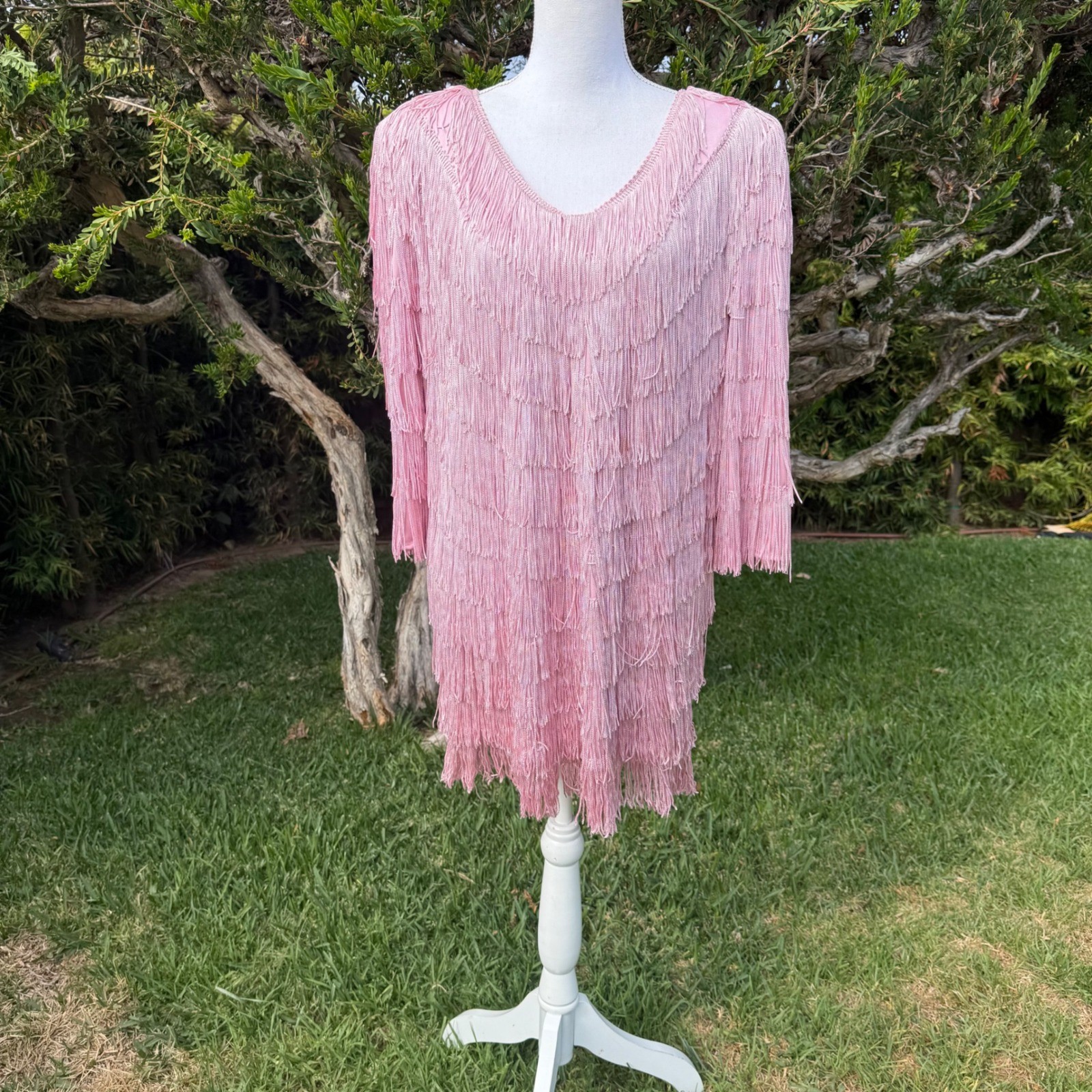 Nightworks Vintage Pink Fringe Mini Dress Tunic V-Neck Flapper Style Size 18