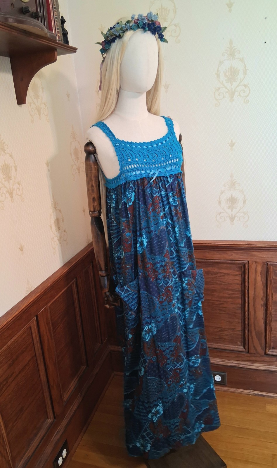 Vintage 1970s Handmade Teal Crochet Top Hippie Bohemian Peasant Festival Dress