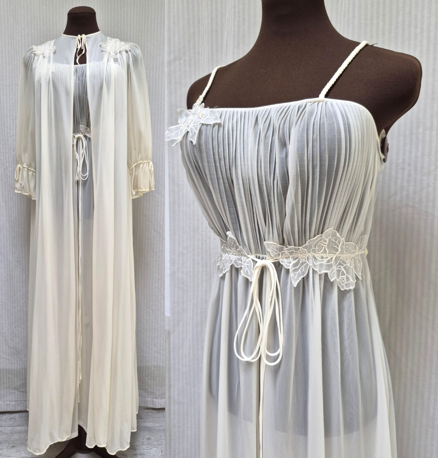 Vintage 2 Piece KICKERNICK Restware Ivory PEIGNOIR Robe & Nightgown -Size S- EUC