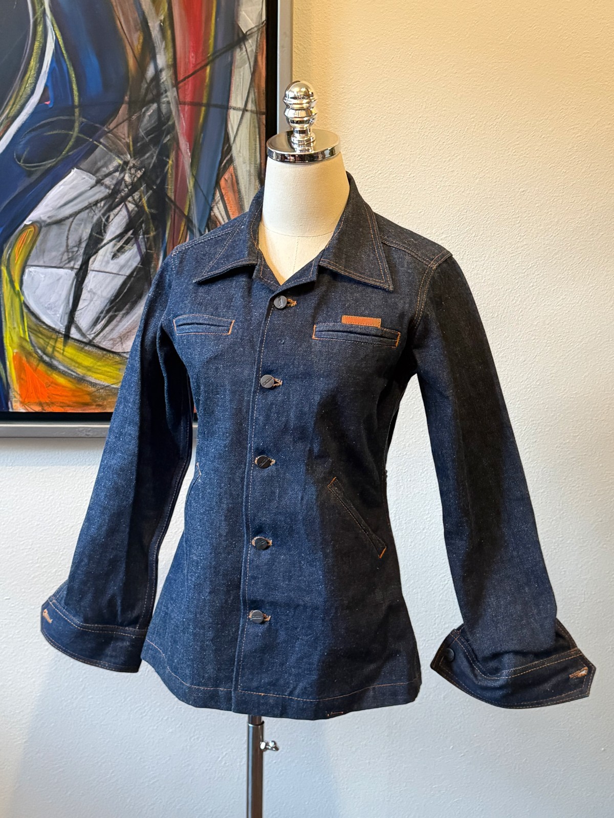 Vintage 70s Palmor’s Denim Jacket Deadstock NWOT Unworn Tunic Orange Stitching