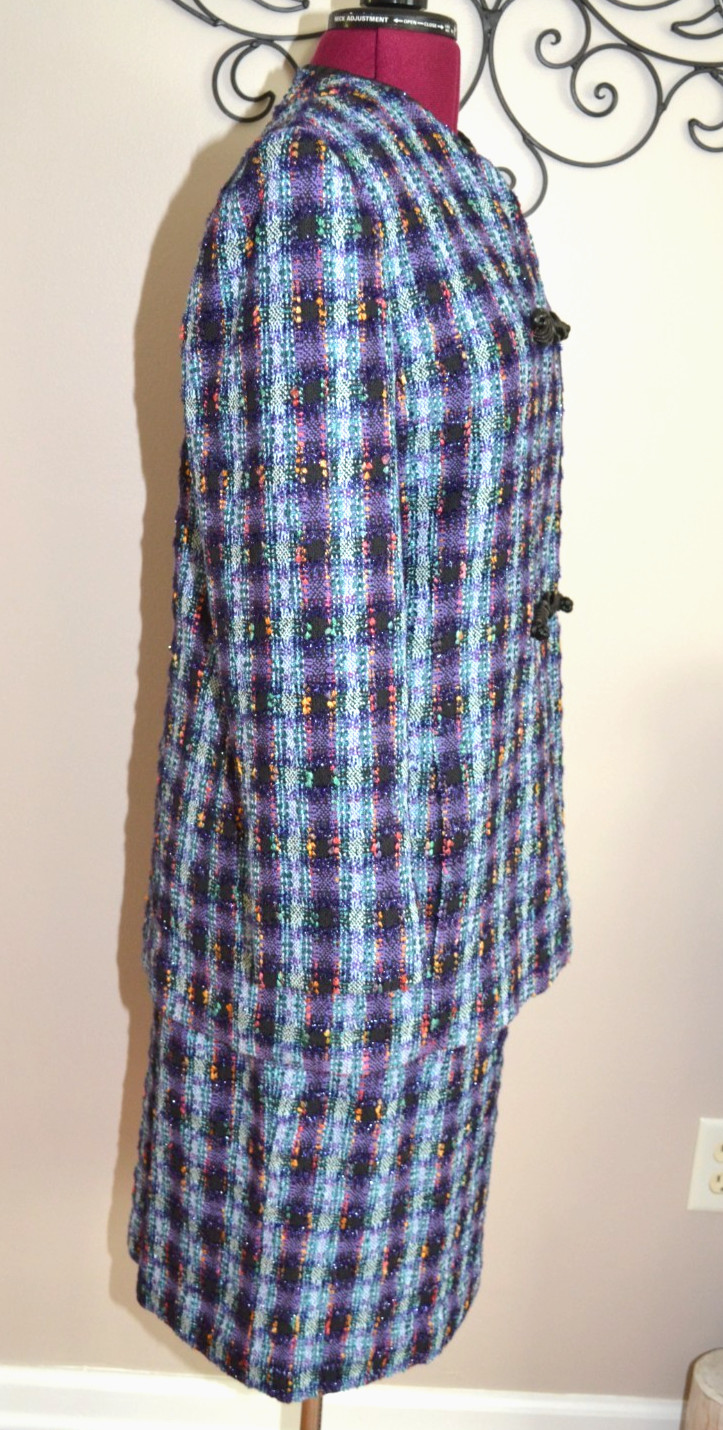 VTG Doncaster Tweed Skirt Suit Set 12 14 Faux Leather Trim Quiet Luxury NWT