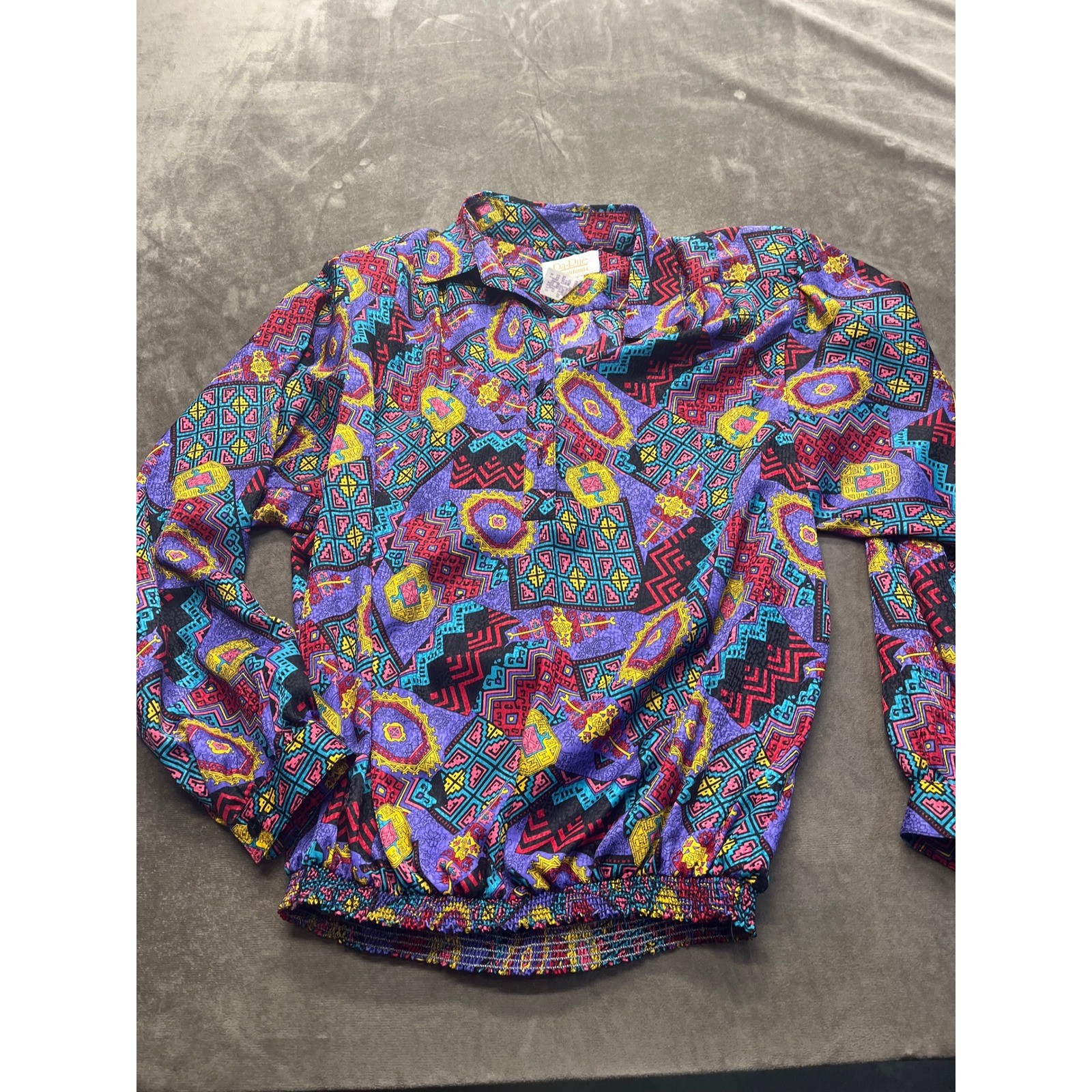 Vintage Da-Rue of California Geometric Print Blouse Purple Pink Yellow Size 16
