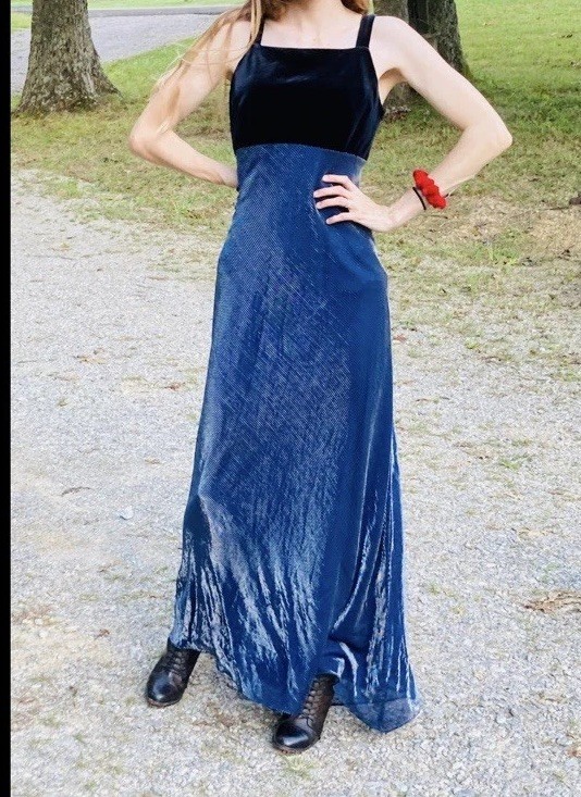Vintage 90s/Y2k Black Velvet & Blue Sparkle Gown Dress