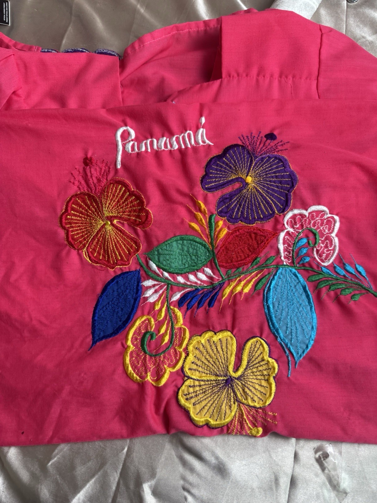 Vintage Panama Embroidered Caftan Dress Fuchsia Floral Muu Muu House Dress