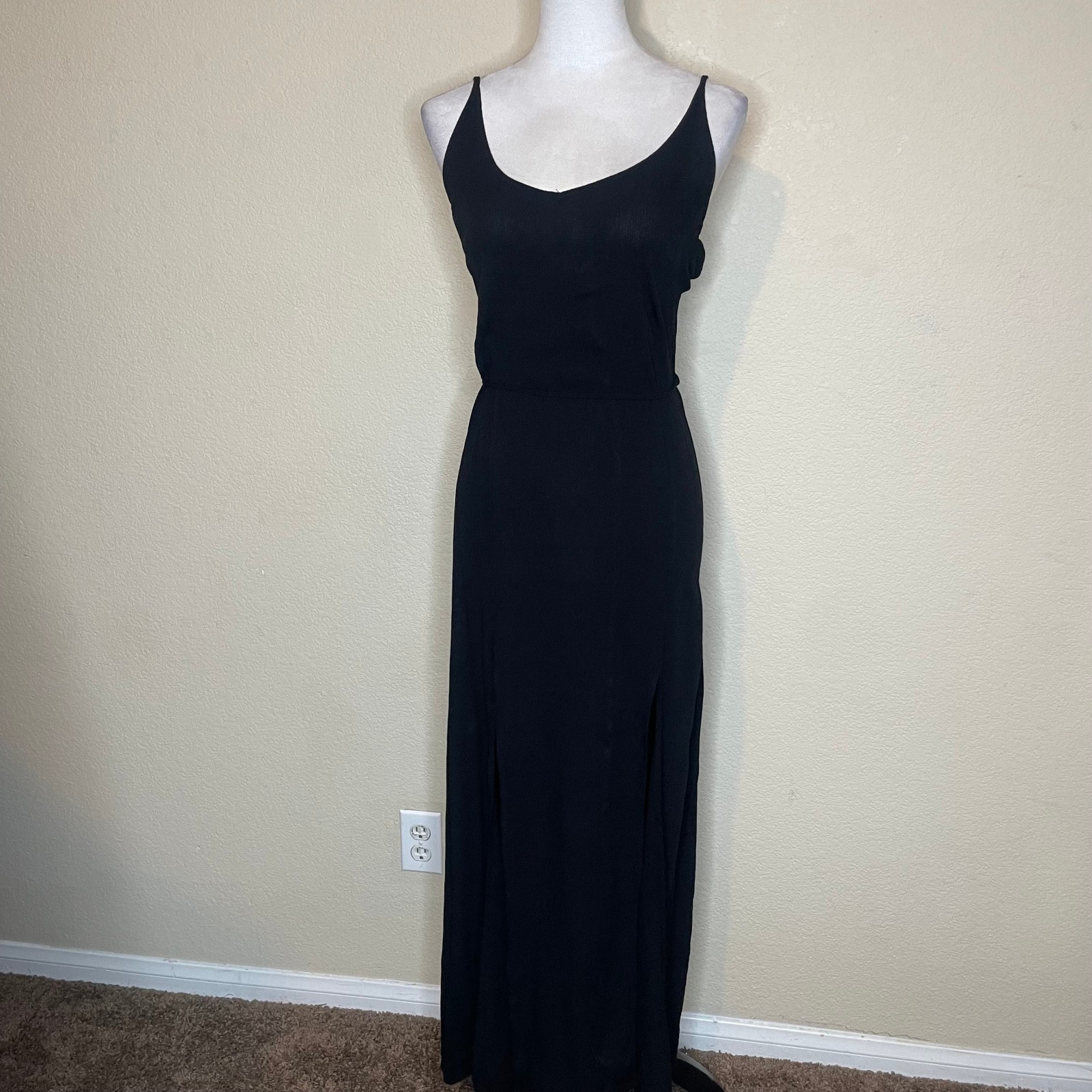Vintage Wet Seal Black Open Back Double Slit Maxi Dress XS 90s Whimsigoth Y2K