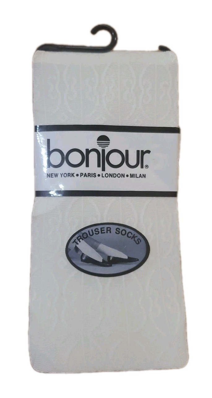 Vintage Bonjour Decorative Trouser Socks Made in USA Nylon Ivory 9-11