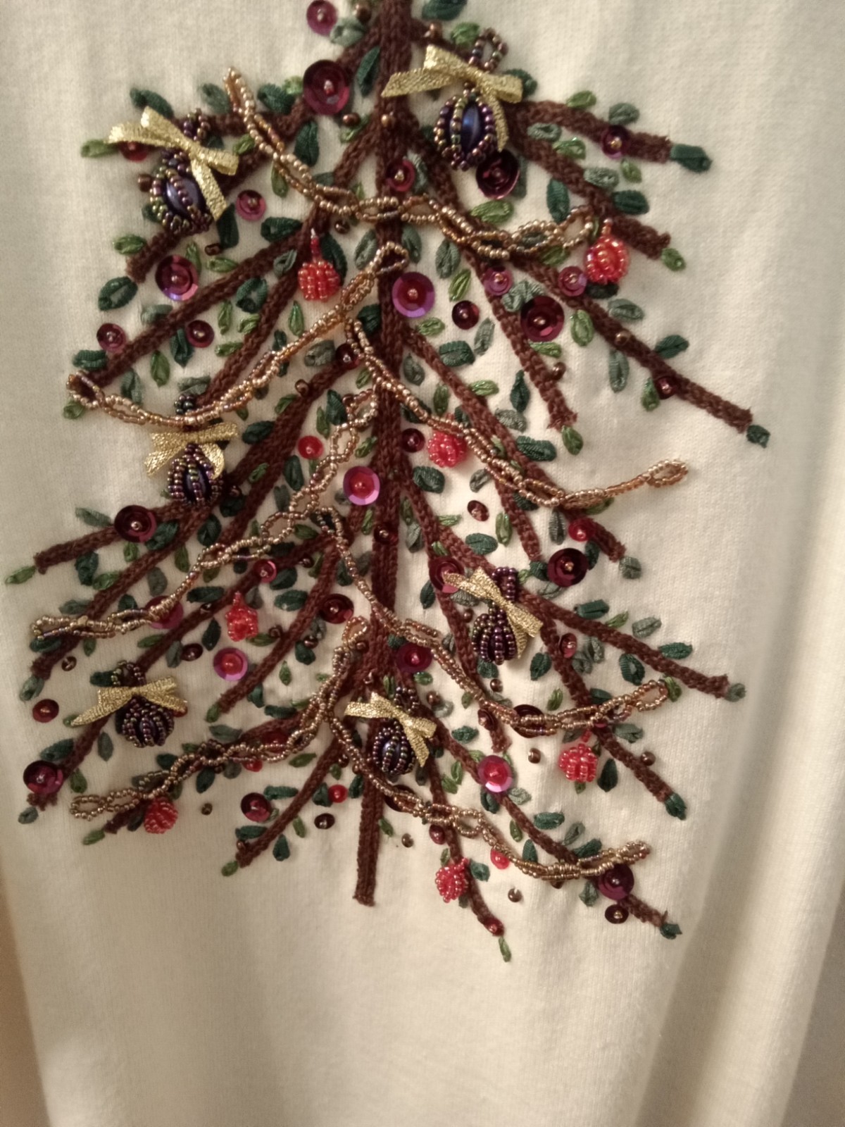 Vtg. Quacker Factory Christmas Sweater. White-Embroidered Christmas Tree Sz. 1X.