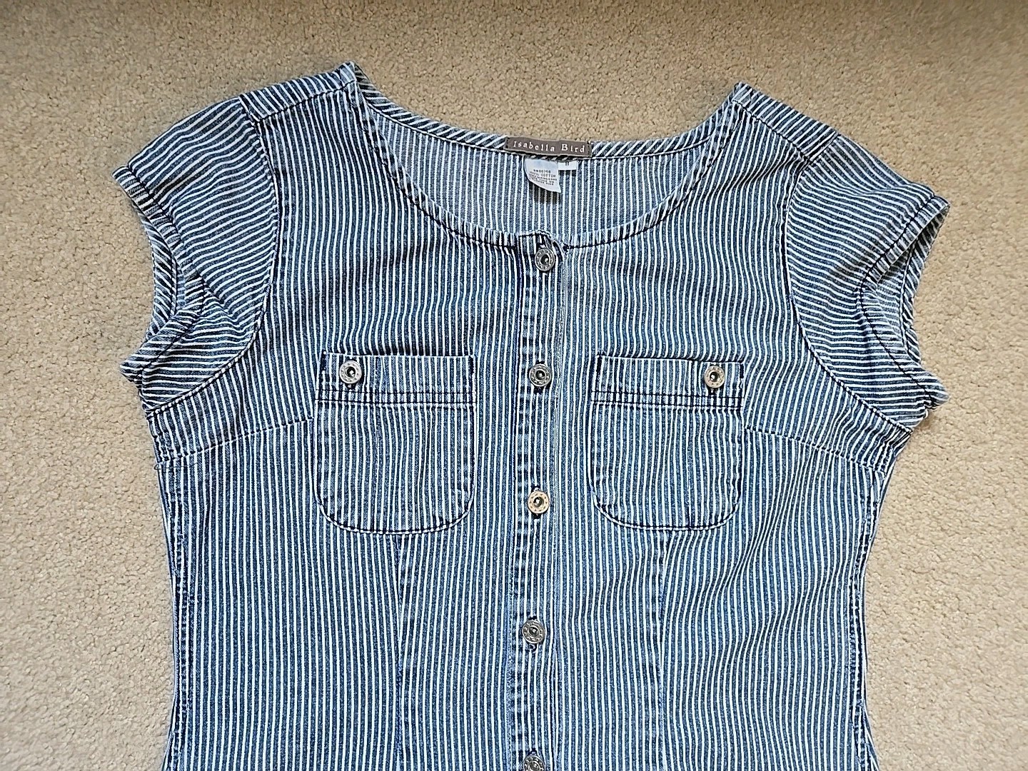 Isabella Bird Anthro denim midi dress 8 blue white stripe short cap sleeve