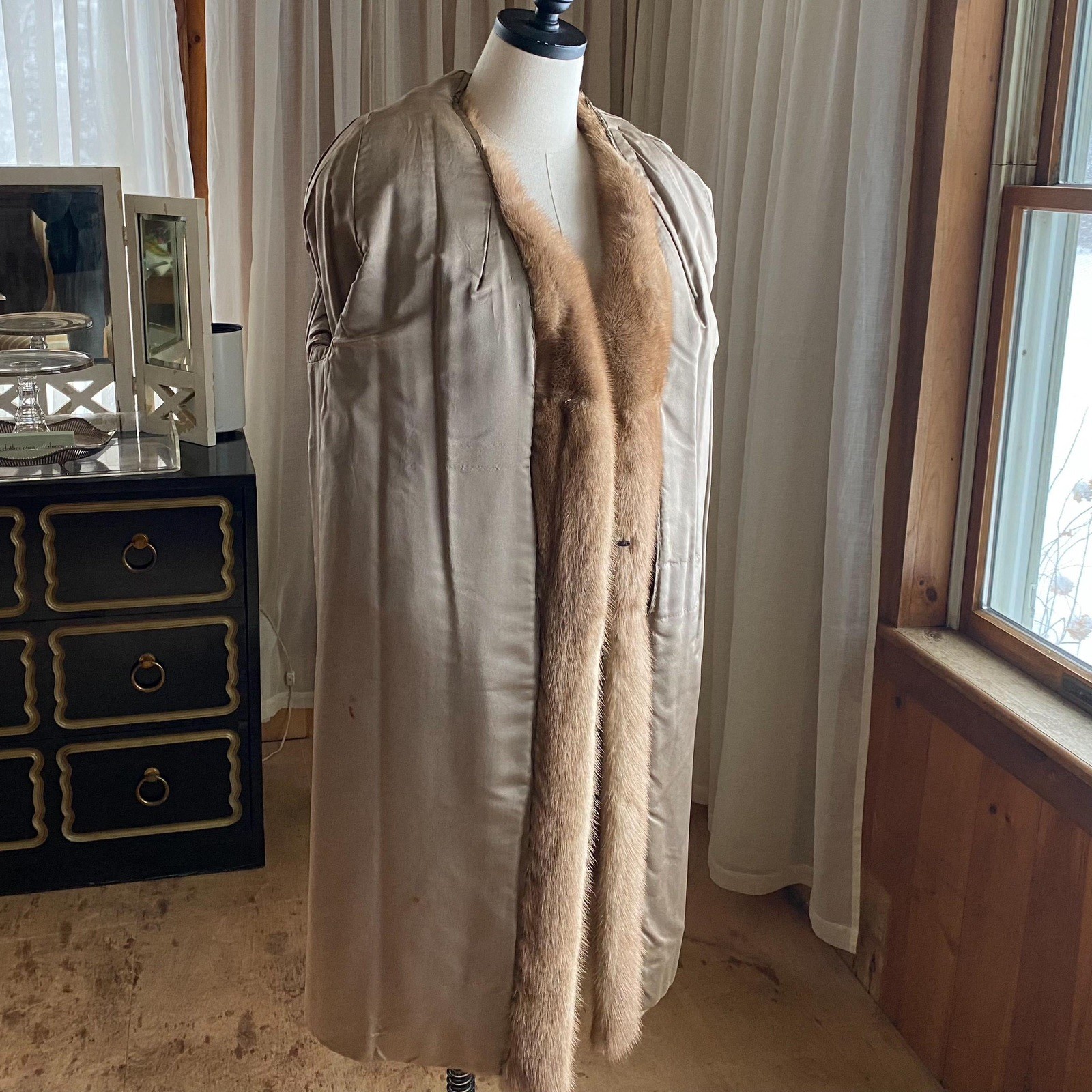 Vintage 60s mink coat midi autumn haze light brown shawl collar 46” bust EUC