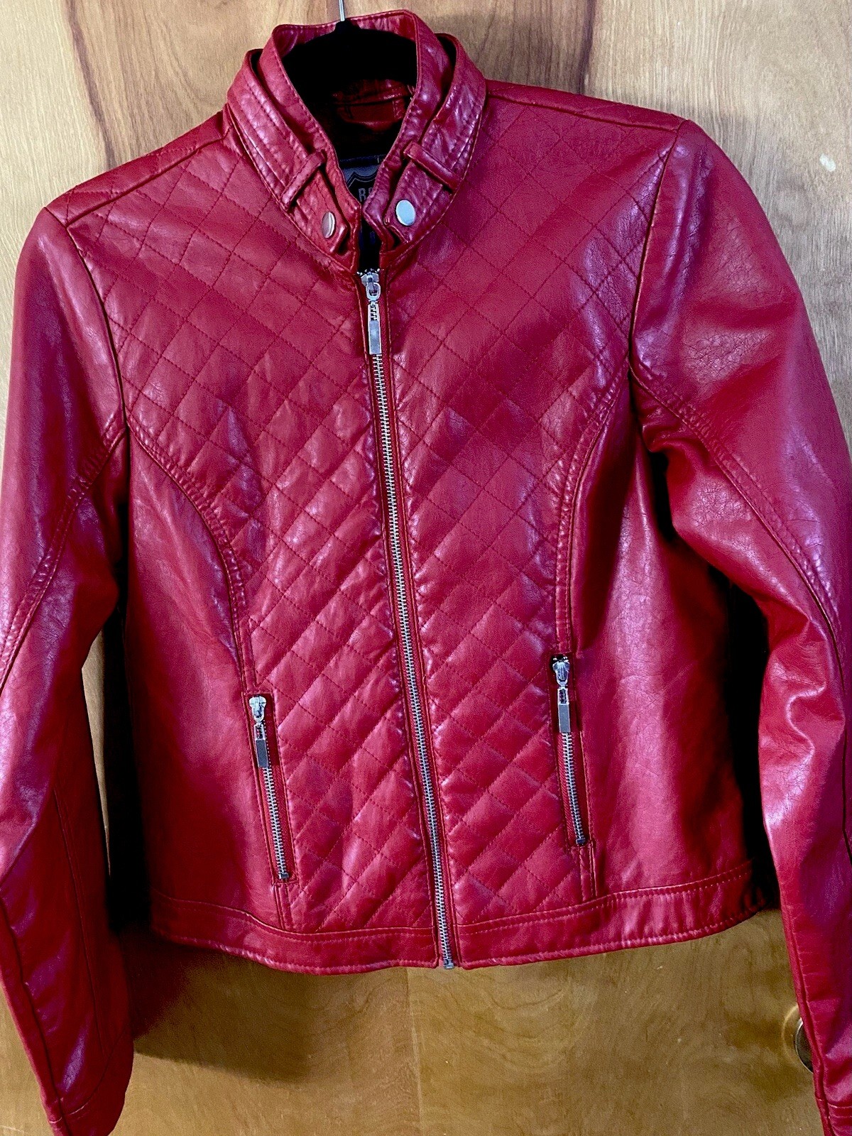 VTG ROUTE 66 Y2K Red Faux Leather PU Biker Retro Moto Jacket Thriller Women M