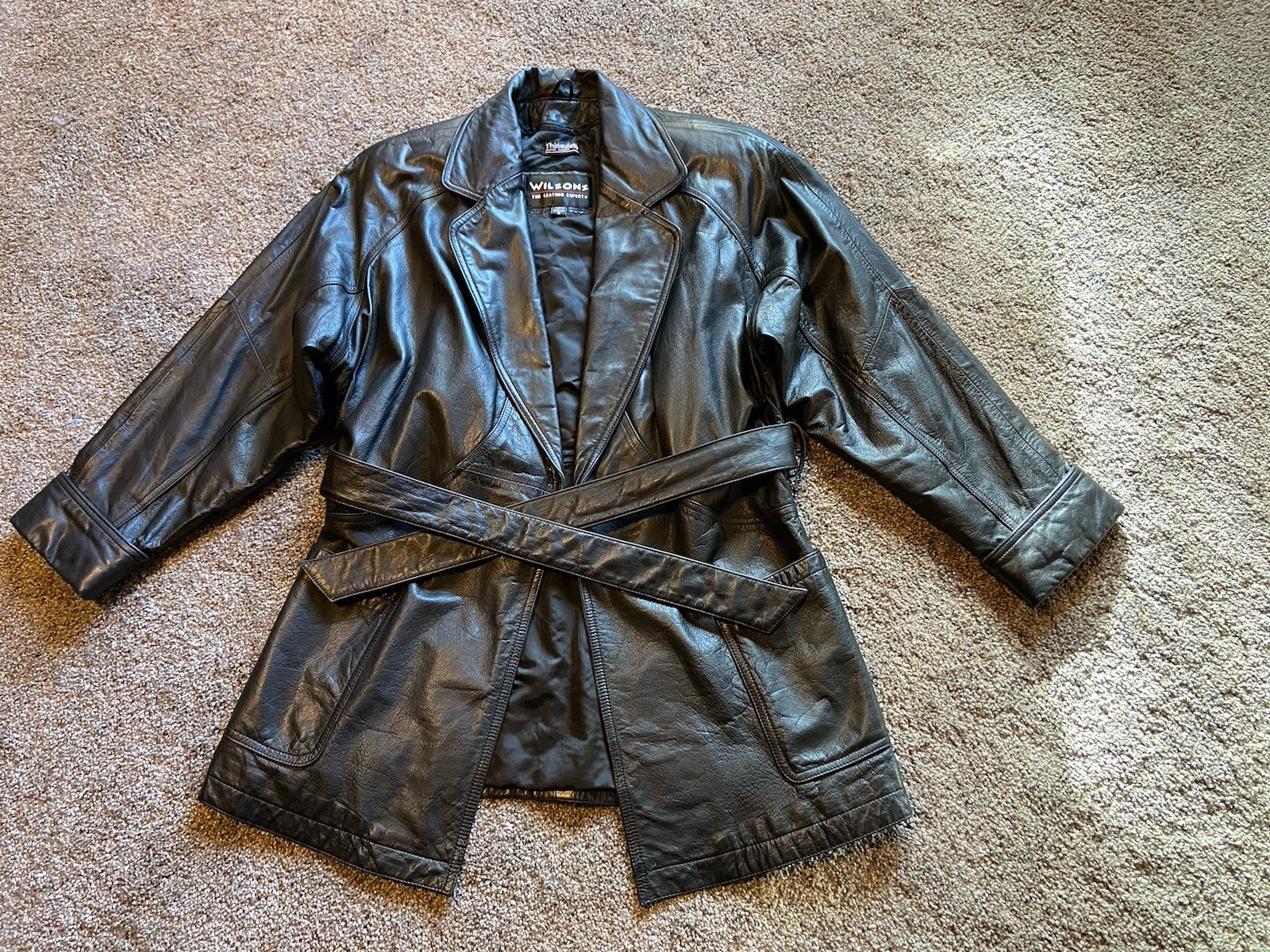 Vintage Wilsons Black Leather Trench Coat Women’s Size S Thinsulate 1990’s Y2K