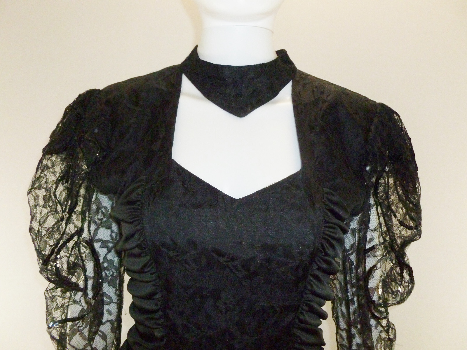 Vintage 80s Mayvens California Bodycon Dress Cocktail Black Puff Sleeve Choker S