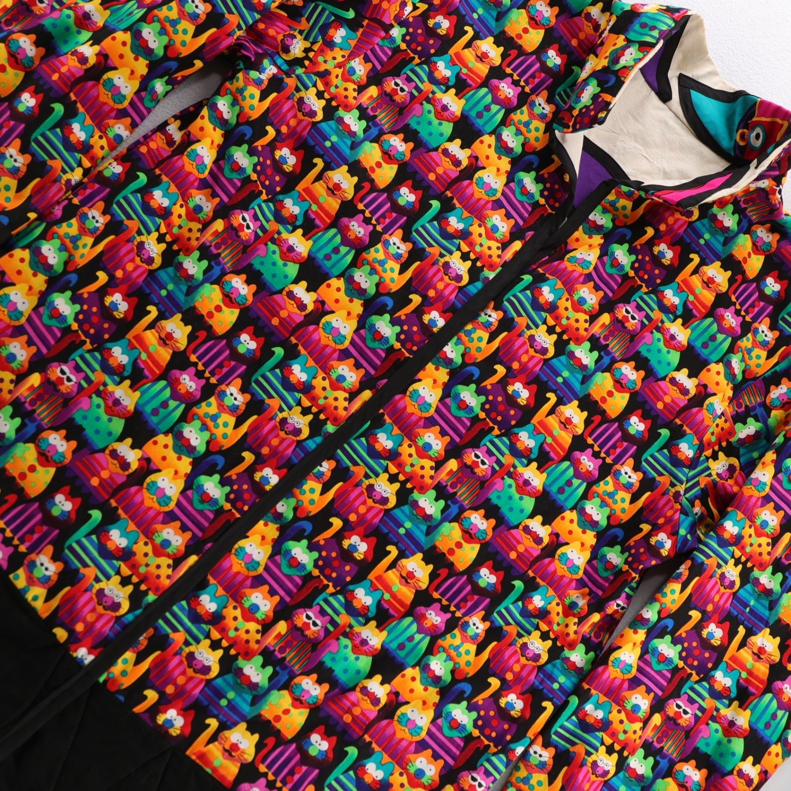 Vintage Reversible Cat Print & Abstract Geometric Zip Jacket Multicolor Funky