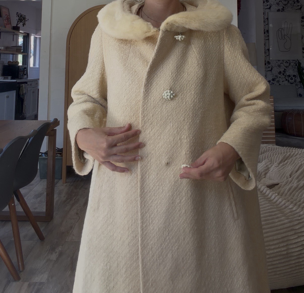 Vintage 1950s 1960s Betti Brent Cream Wool Swing Coat Blonde Mink Fur Collar M