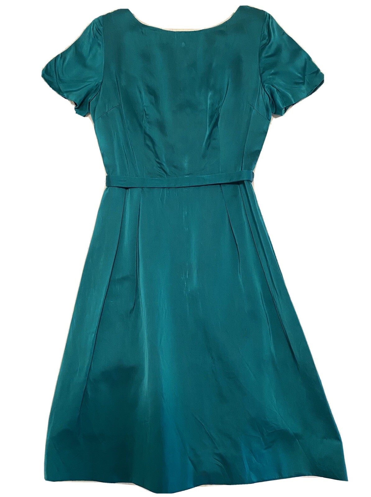 50s 60s VTG Dress Teal AU Sz 8 Satin Short Sleeve Boat Neck Formal Prom A Line