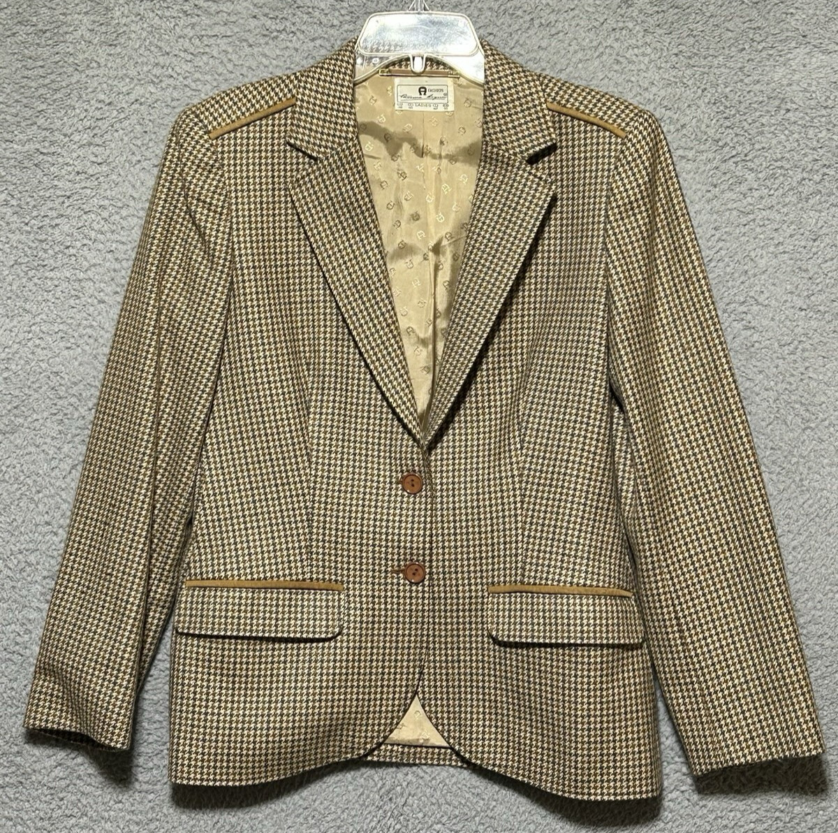 Ettienne Aigner Vintage Womens L Houndstooth Blazer Jacket 2 Button Lined Piping