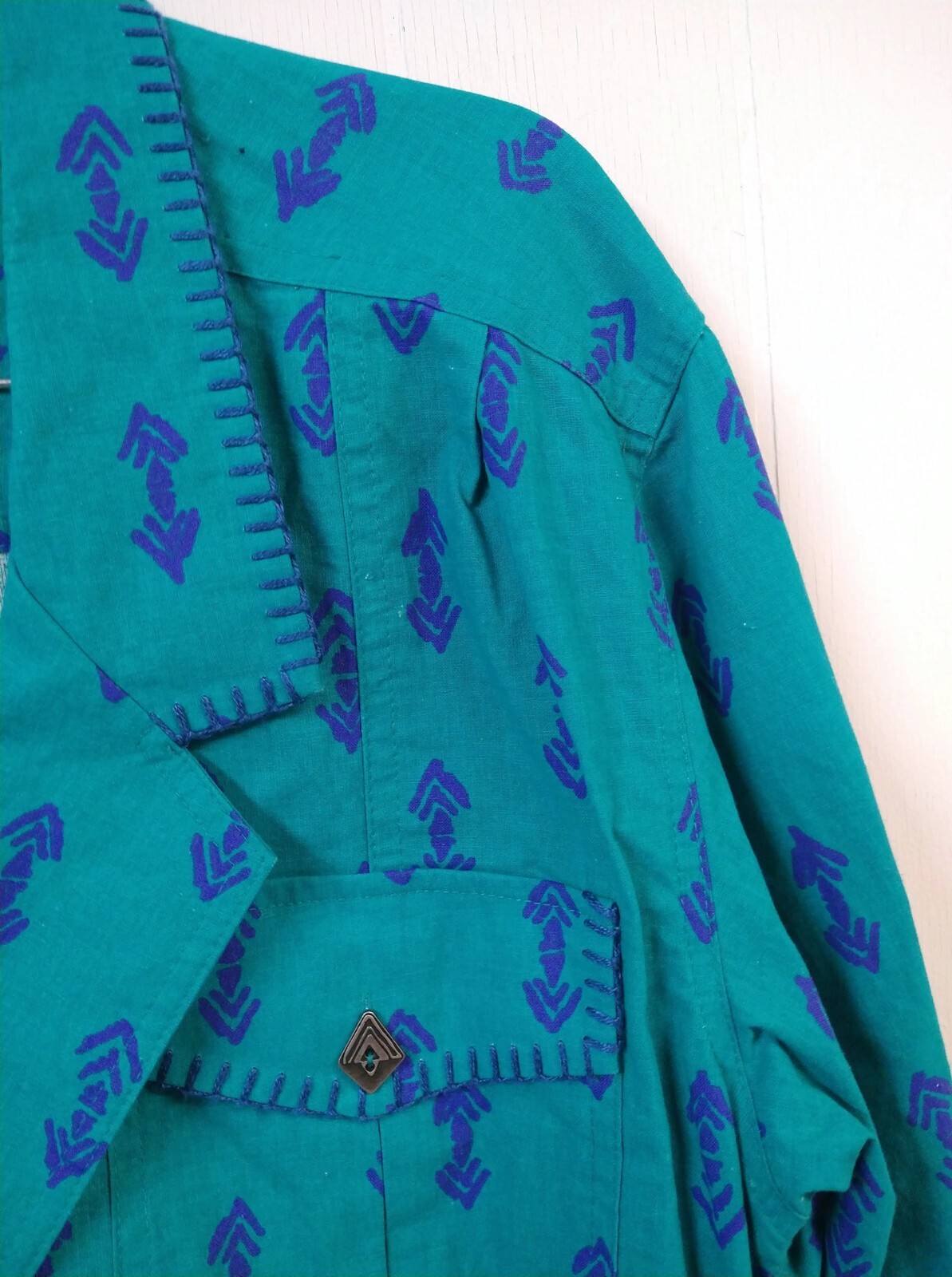 VTG Bonnie Boynton Wm S Jacket Green/Blue Southwest Theme 2 Pockets Short Lapel